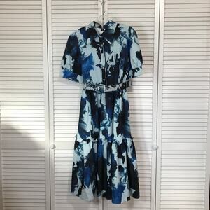 NWT Feiinvan Vintage Floral Print Short Sleeve A-line Midi Dress Belted Women S